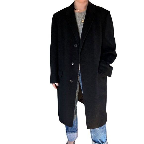 Vintage Mens Black 100% Cashmere Soft Preppy Trench Coat sz 42L - Picture 1 of 12